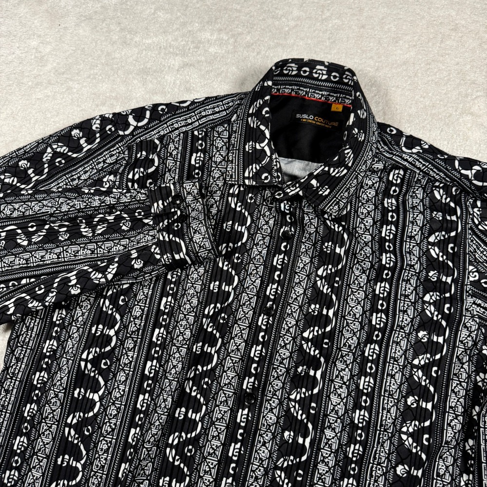 Suslo Couture Shirt Mens Large Black White Tribal Geometric 4-Way Stretch Button